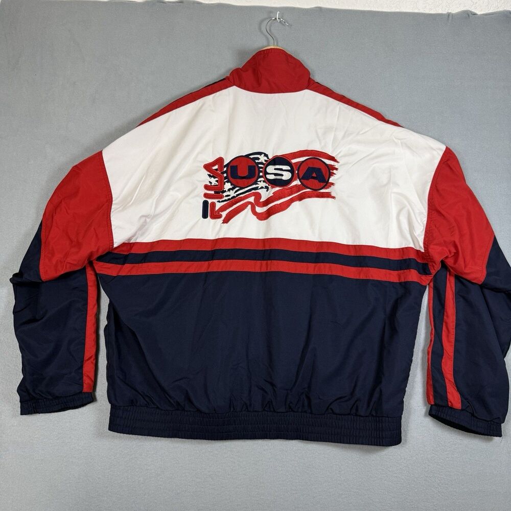 Vintage 90s Fila USA Track Jacket Mens Medium Big Graphic Flag Embroidery Back